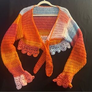 Vibrant Multicolor Crochet Tie-Front Cardigan